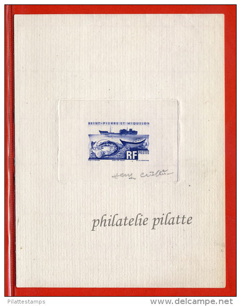 SAINT PIERRE ET MIQUELON N°338 EPREUVE D´ARTISTE SANS LA VALEUR BATEAU DE PECHE COULEUR EN BLEU - Sin Dentar, Pruebas De Impresión Y Variedades