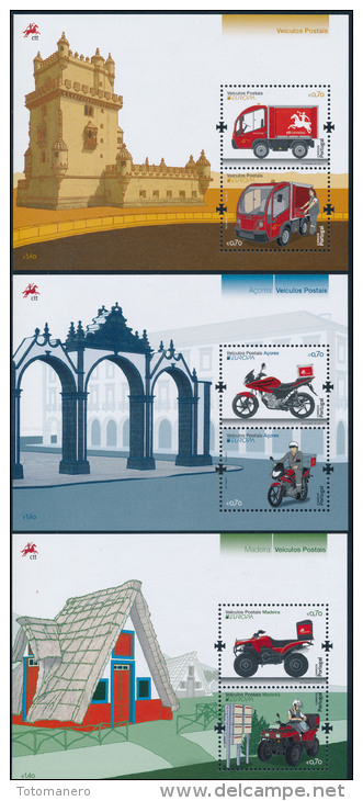 PORTUGAL/AZORES/MADEIRA, EUROPA 2013 "Postal Vehicles" Set Of 3 Blocks** - 2013