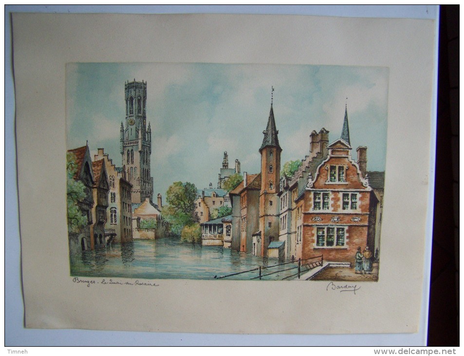 Signé BARDAY BRUGES LE QUAI DU ROSAIRE Lithographie 23cmx17cm Sur Papier - Belgique - Aquarelles