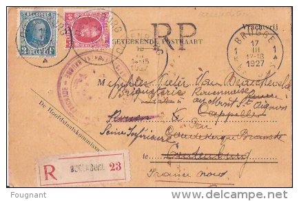 BELGIQUE :1927:N°202+208 Sur C.p.Rec.Franch.de Port.Carte Pliée.Plusieurs Cachets. - Volantini Postali