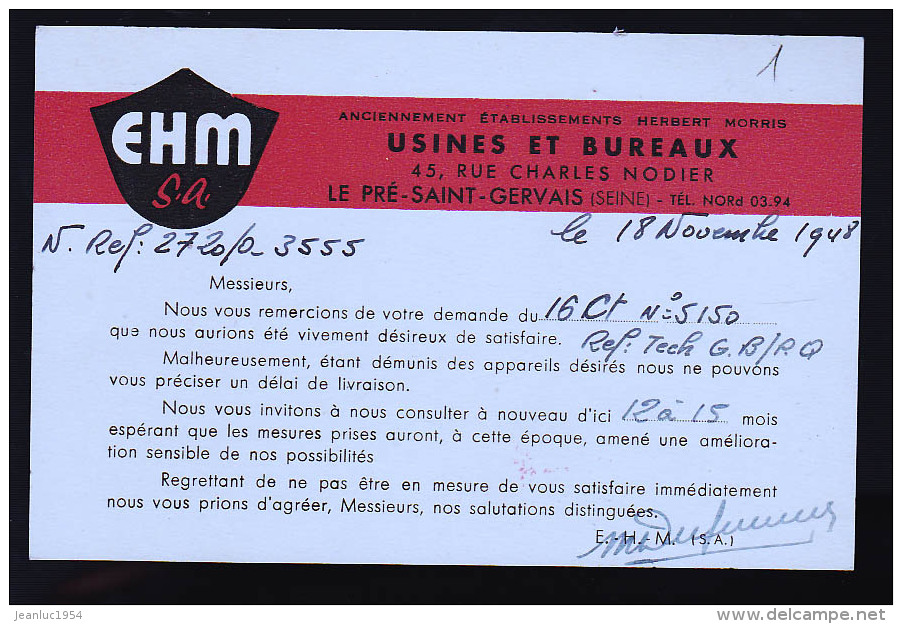 LE PRE SAINT GERVAIS  TES EHM 1948 - EMA ( Maquina De Huellas A Franquear)