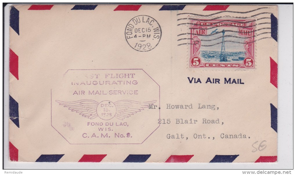USA - 1928  - POSTE AERIENNE - ENVELOPPE AIRMAIL De FOND DU LAC ( WISCONSIN ) - FIRST FLIGHT C.A.M. 9 - 1c. 1918-1940 Storia Postale