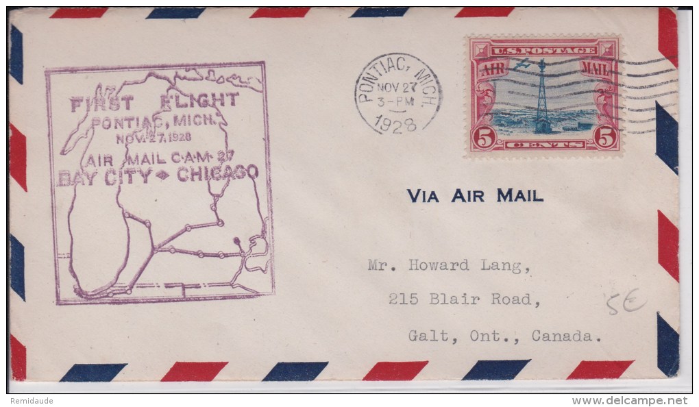 USA - 1928  - POSTE AERIENNE - ENVELOPPE AIRMAIL De PONTIAC ( MICHIGAN ) - FIRST FLIGHT BAY CITY TO CHICAGO - C.A.M. 27 - 1c. 1918-1940 Covers