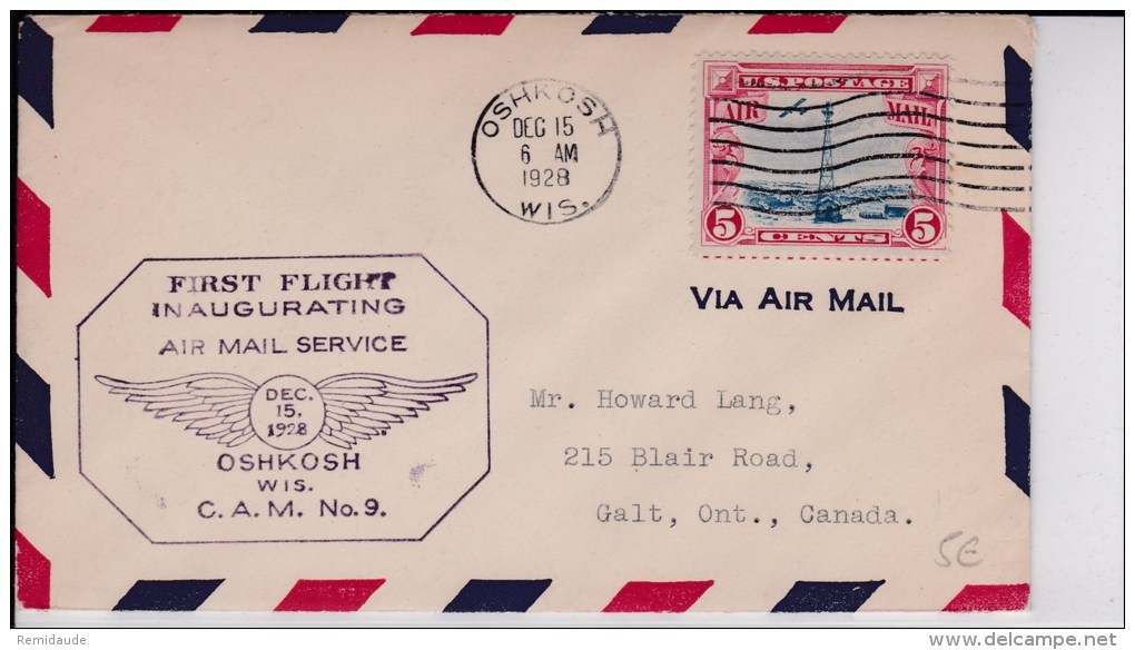 USA - 1928  - POSTE AERIENNE - ENVELOPPE AIRMAIL De OSHKOSH ( WISCONSIN ) - FIRST FLIGHT - C.A.M. 9 - 1c. 1918-1940 Covers