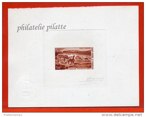 SAINT PIERRE ET MIQUELON PA N°44 EPREUVE D´ARTISTE CHEVAUX COULEUR EN BRUN ROUGE - Non Dentelés, épreuves & Variétés