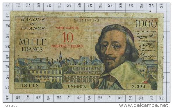 RARE: 10 NF Sur 1000 Frs Richelieu, Fayette 53/1, TTB Avec Taches - 1955-1959 Sobrecargados (Nouveau Francs)