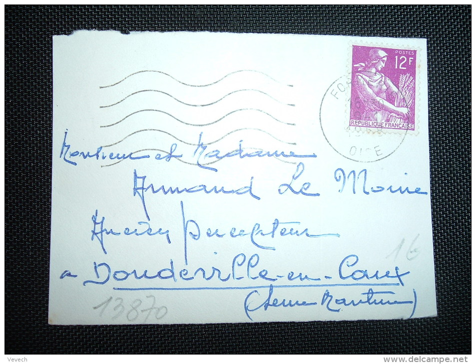 DEVANT DE LETTRE MIGNONNETTE TP PAYSANNE 12F OBL.MEC. 9-1-1958 FORMERIE (60 OISE) - 1957-1959 Reaper