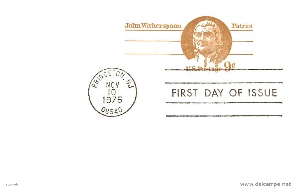 USA Unaddressed FDC 9c John Witherspoon Postal Stationery Card Postmarked Princeton NJ Nov 10 1975 - 1961-80