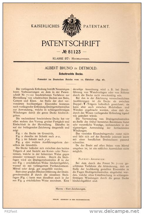 Original Patentschrift - A. Bruno In Detmold , 1894 , Scheitrechte Decke , Hochbau , Maurer , Hausbau , Architekt !!! - Architektur