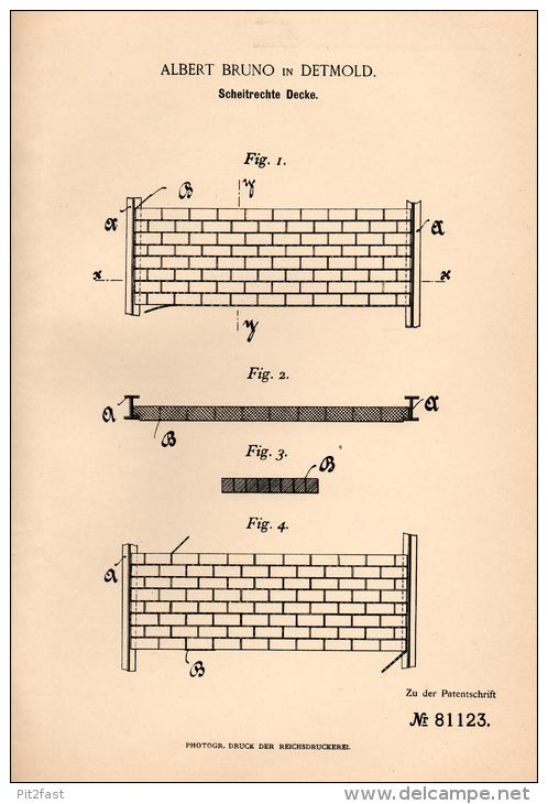 Original Patentschrift - A. Bruno In Detmold , 1894 , Scheitrechte Decke , Hochbau , Maurer , Hausbau , Architekt !!! - Architektur