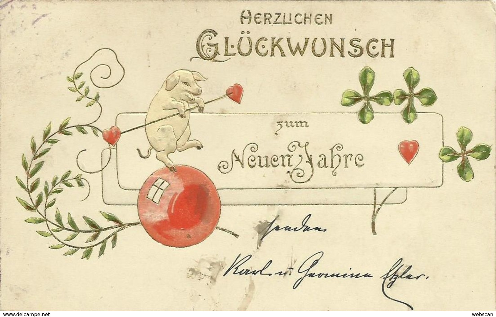 AK Neujahr Schweinchen Kleeblätter Golddruck Prägung  1900 #109 - Neujahr