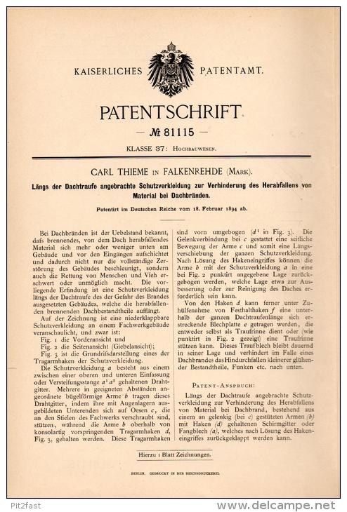 Original Patentschrift - C. Thieme In Falkenrehde , Mark , 1894 , Schutz Für Dach , Dachdecker , Feuerwehr , Ketzin !!! - Architektur