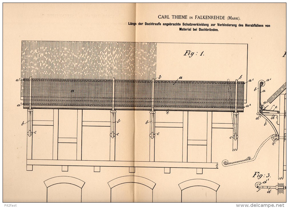 Original Patentschrift - C. Thieme In Falkenrehde , Mark , 1894 , Schutz Für Dach , Dachdecker , Feuerwehr , Ketzin !!! - Architektur