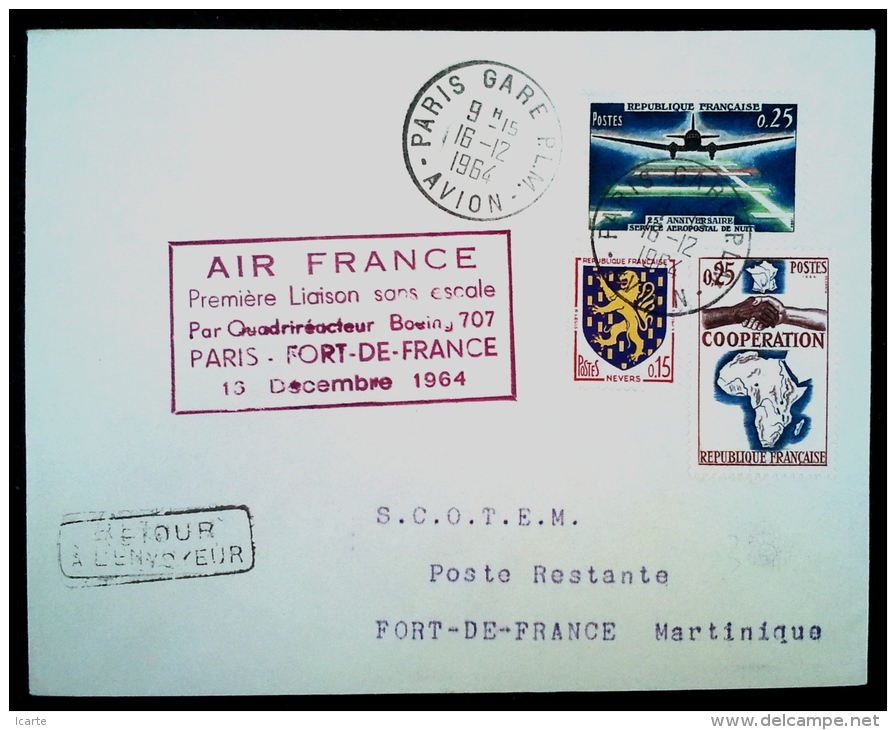 Premier Vol PARIS FORT DE FRANCE 1964 Boeing 707 Air France Paris Gare PLM Avion - Primi Voli