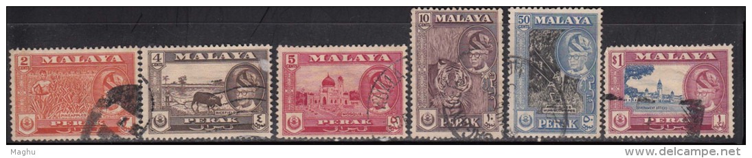 Perak Used 1957, 6 Value Pineapple, Fruit, Tiger, Islam Mosque, Rice Field, Animal, Aboriginal, Etc., - Perak