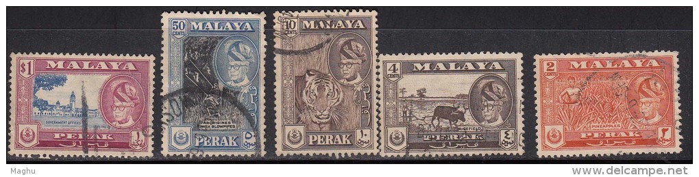 Perak Used 1957, 5 Value Pineapple, Fruit, Tiger,  Rice Field, Animal, Aboriginal, Etc., - Perak