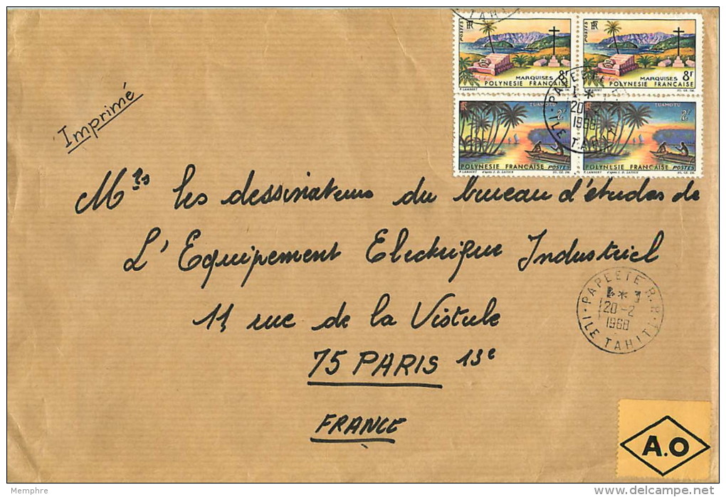 1968  Imprimés AD  Avion Pour La France Paysages  Tuamotu Yv 30 X2, Marquises Yv 33 X2 - Storia Postale