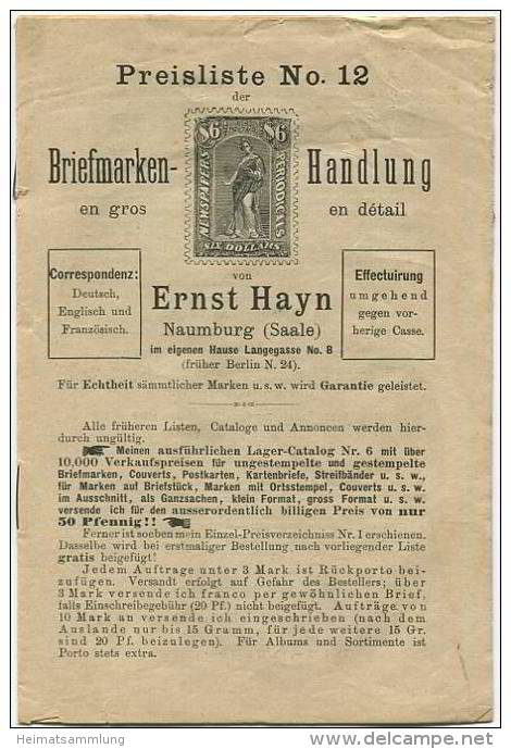 Briefmarken - Preisliste - Ernst Hayn Naumburg Saale - Preisliste Um 1900 - 16 Seiten - Alemán (hasta 1940)