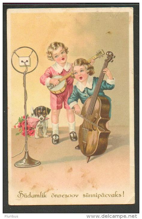 ESTONIA  KAVASTU   1939   , CHILDREN  PLAYING  CELLO  BANJO  MICROPHONE  DOG, OLD POSTCARD, O - Humorous Cards