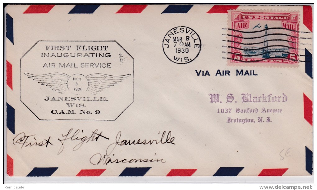 USA - 1930  - POSTE AERIENNE - ENVELOPPE AIRMAIL De JANESVILLE ( WISCONSIN ) - FIRST FLIGHT INAUGURATING - C.A.M. 9 - 1c. 1918-1940 Cartas & Documentos