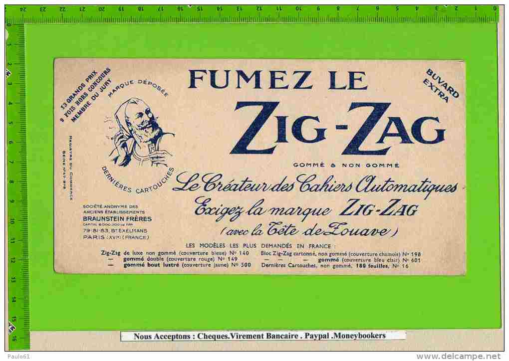 BUVARD :Fumez Le ZIG ZAG  Avec La Tete De Zouave - Tabac & Cigarettes