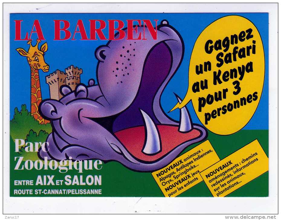 Carte Postale ZOO DE LA BARBEN Publicité GAGNEZ UN SAFARI  AU KENYA 1991  Hippopotame - Hippopotames