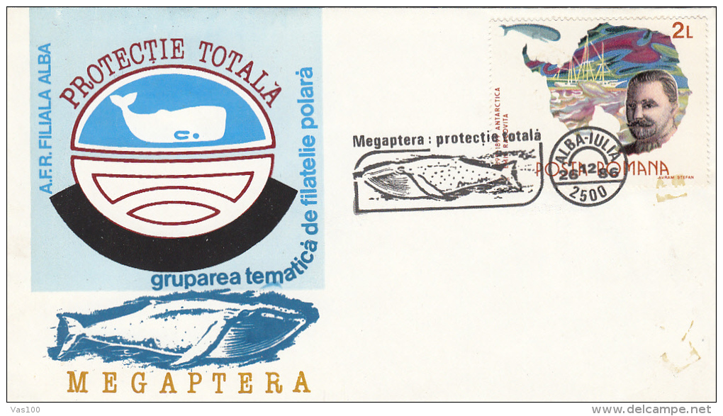 WHALES, MEGAPTERA, SPECIAL COVER, 1986, ROMANIA - Baleines