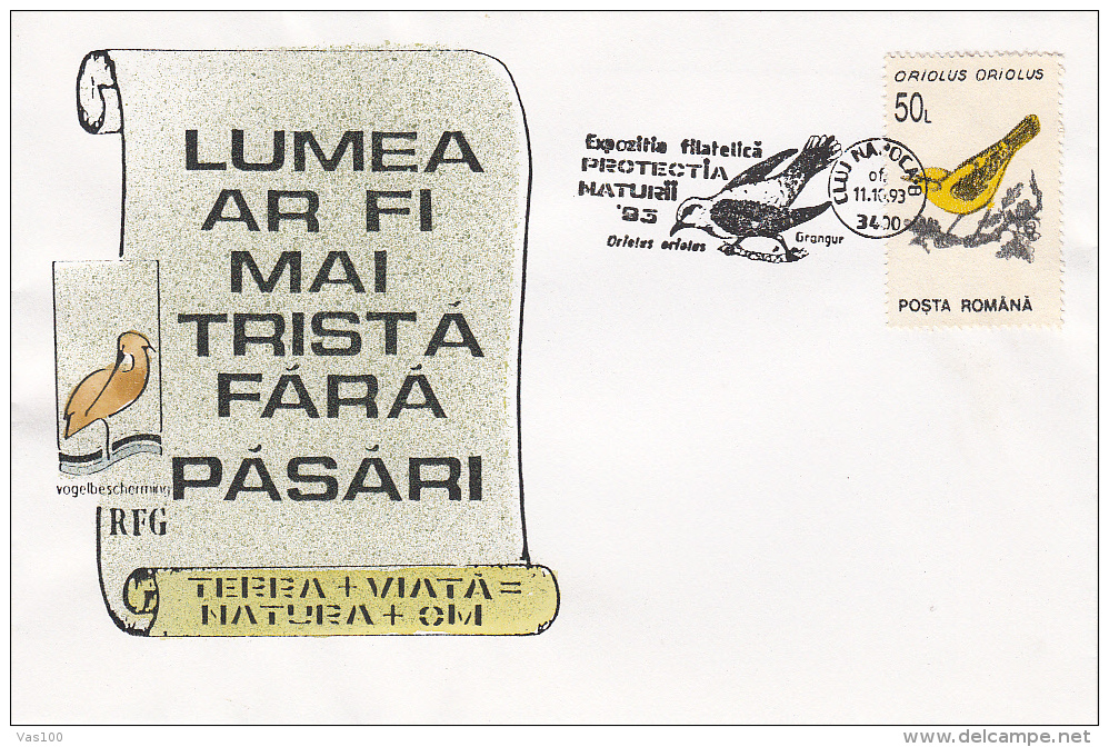 BIRDS, ORIOLUS ORIOLUS, SPECIAL COVER, 1993, ROMANIA - Coucous, Touracos