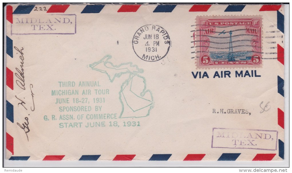 USA - 1931  - POSTE AERIENNE - ENVELOPPE AIRMAIL De GRAND RAPIDS ( MICHIGAN ) - 3°ANNUAL MICHIGAN AIR TOUR - 1c. 1918-1940 Lettres