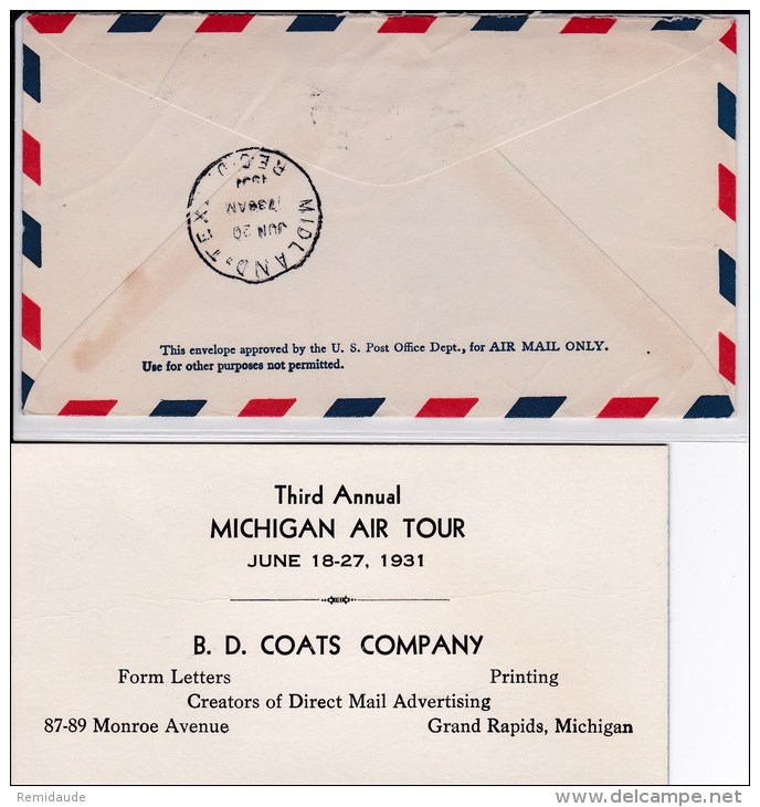 USA - 1931  - POSTE AERIENNE - ENVELOPPE AIRMAIL De GRAND RAPIDS ( MICHIGAN ) - 3°ANNUAL MICHIGAN AIR TOUR - 1c. 1918-1940 Storia Postale