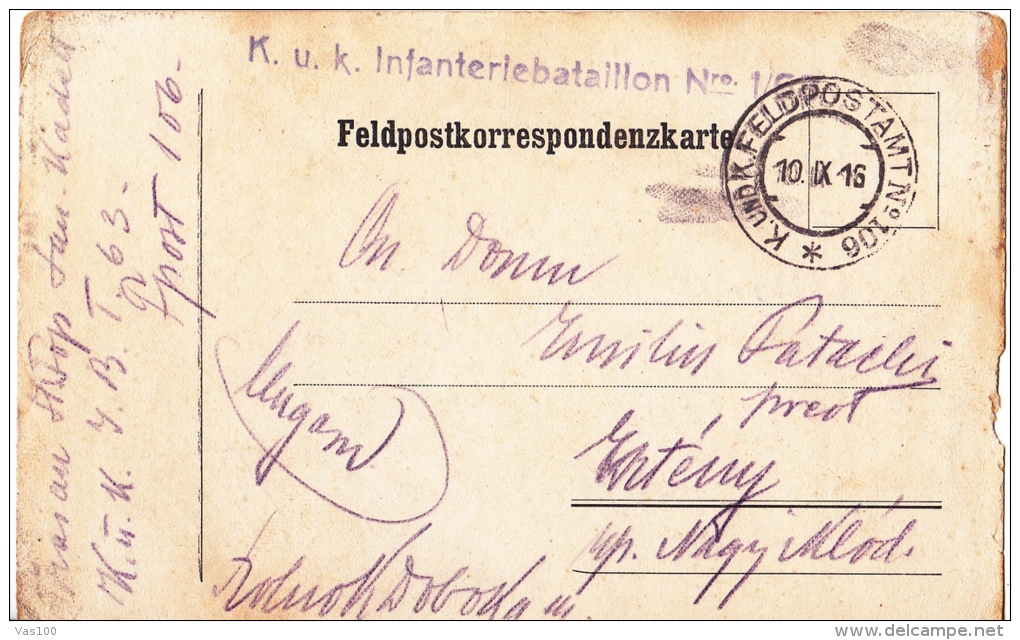 FELDPOSTKORRESPONDENZKART E NO 106, CENSURED 1916, HUNGARY - Storia Postale Prima Guerra Mondiale