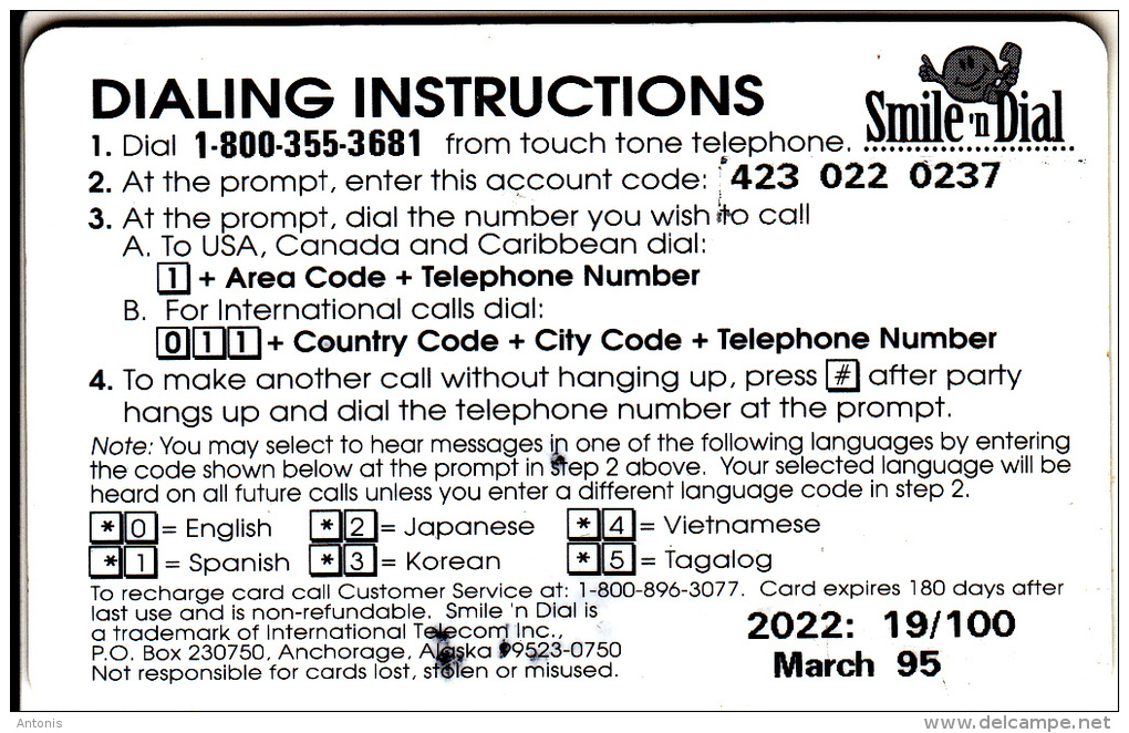 ALASKA - Smile "n Dial, International Telecom Prepaid Card $20, Tirage 100, 03/95, Used - Altri – America