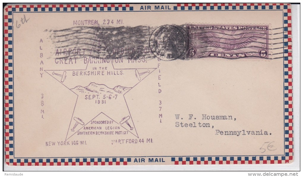 USA - 1931  - POSTE AERIENNE - ENVELOPPE AIRMAIL De GREAT BARRINGTON ( MASSACHUSETTS ) - DEDICATION - 1c. 1918-1940 Storia Postale