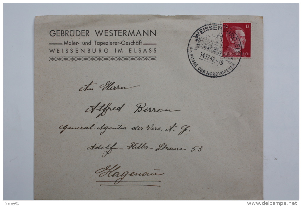 Enveloppe 1942 Wissembourg --&gt; Haguenau, Affr. 12pf Type A.Hitler / Cachet à Date Illustré - Other & Unclassified