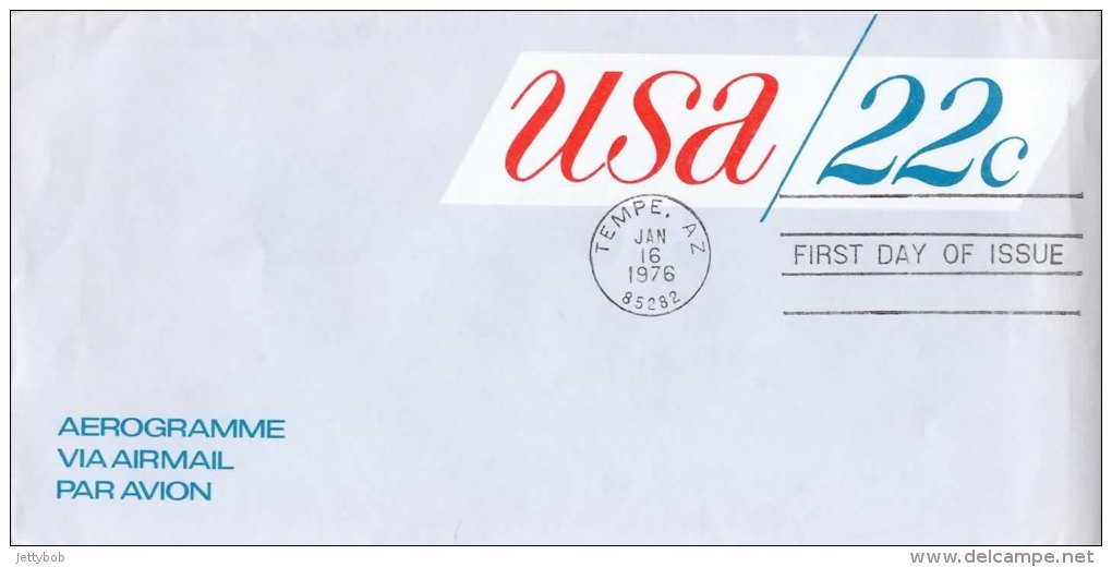 USA Unaddressed 22c Aerogramme FDC Postmarked Tempe AZ 16 Jan 1976 - 1961-80