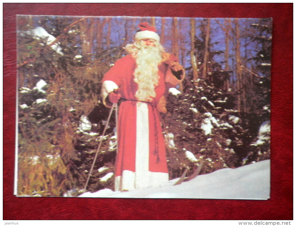 New Year Greeting Card - Santa Claus - Skis - 1989 - Russia USSR - Used - Nouvel An