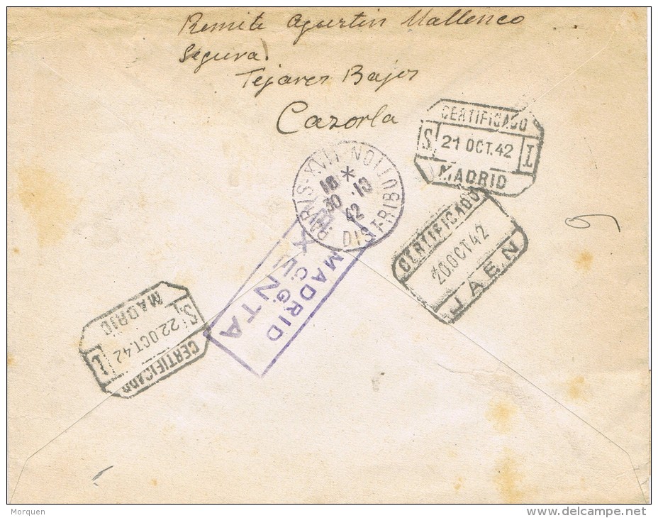 3903. Carta Certificada CAZORLA (Jaen) 1942. EXENTO CENSURA - Lettres & Documents