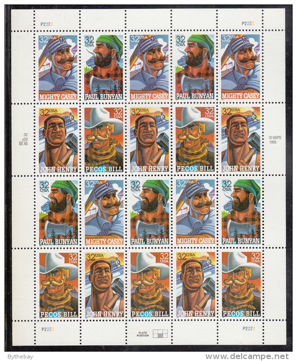 USA MNH Scott #3086a Sheet Of 5 Blocks/strips Of 4 32c Folk Heroes: Mighty Casey, Paul Bunyan, John Henry, Pecos Bill - Hojas Completas