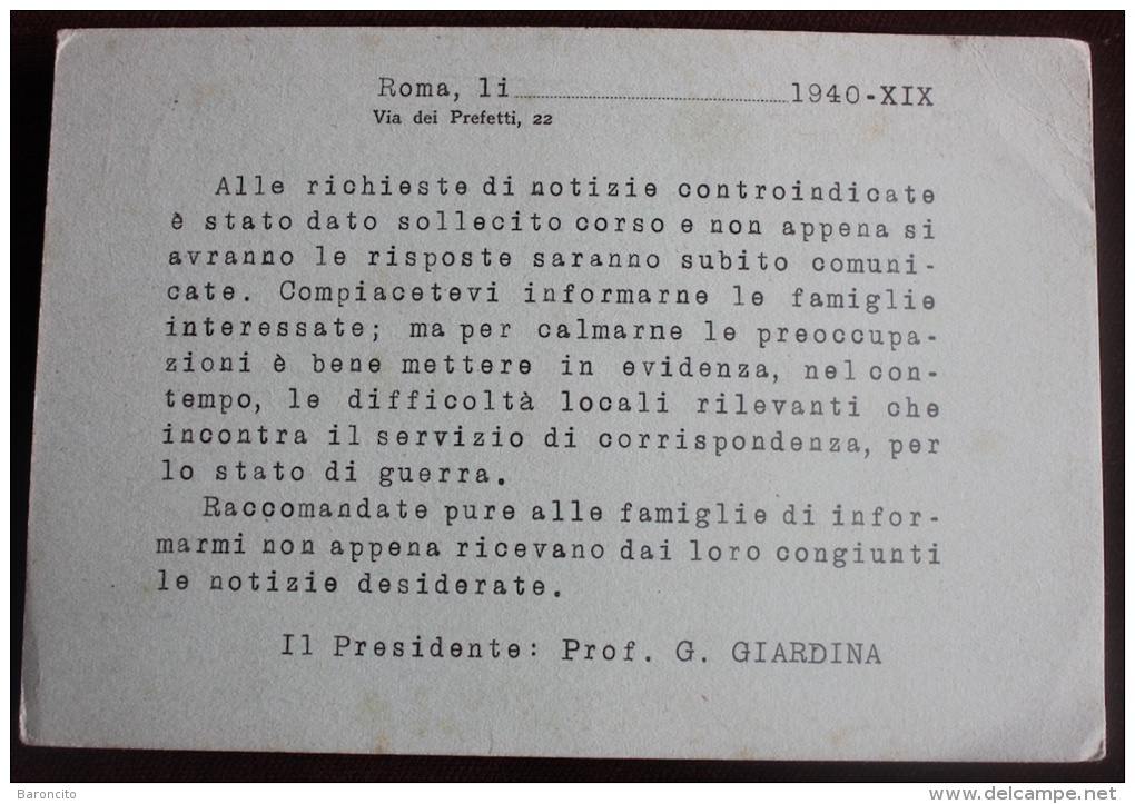 ITALIA REGNO CARTOLINA DEL MINISTERO DELL'INTERNO UFFICIO CENTRALE NOTIZIE FRANCHIGIA TASSA PAGATA. 1941 - Franchise