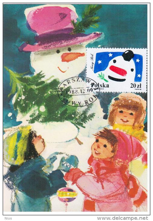 Poland 1988 Happy New Year Snowman Canceled In Warszawa - Maximumkaarten