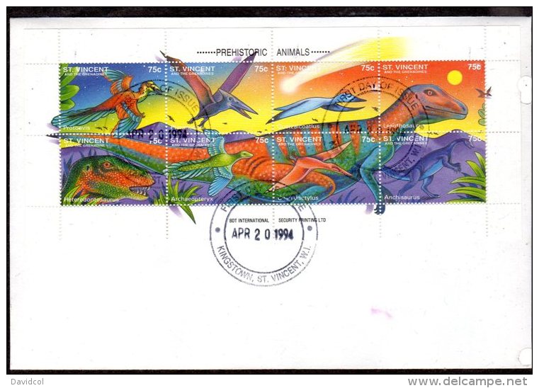 S816.-. DINOSAURS / DINOSAURIOS.-. ST. VINCENT FDC S/S.  1994 - Preistorici