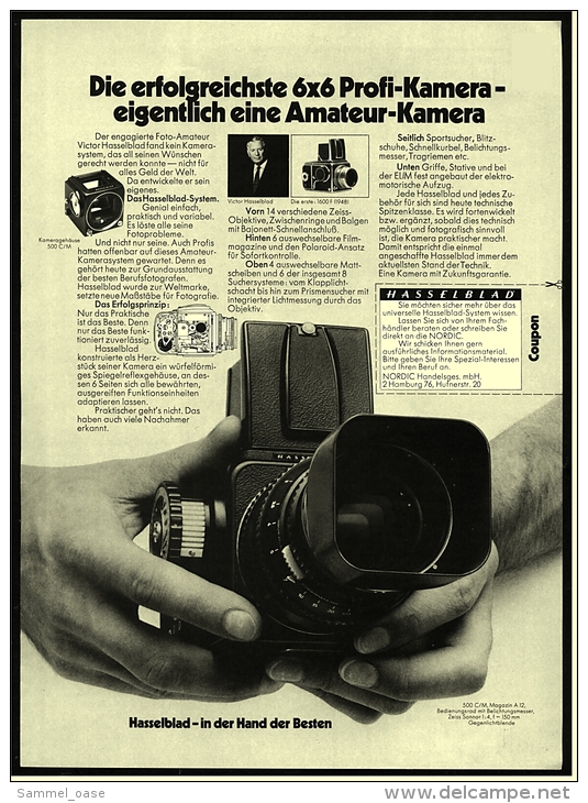 Reklame Werbeanzeige 1976 ,   Hasselblad 6 X 6 Profi-Kamera  ,  In Der Hand Der Besten - Sonstige & Ohne Zuordnung