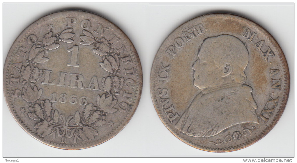 ITALIE (ETATS PAPAUX) - ITALIA (PAPAL STATES) ** 1 LIRA 1866 XXIR - PIUS IX - ARGENT - SILVER ** EN ACHAT IMMEDIAT !!! - Vaticano (Ciudad Del)