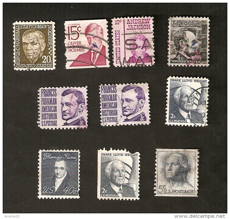 M8-3-4. Unites States, USA, Lot Set Of 10 - Lincoln Francis Parkman A Jackson Frank Lloyd Wright T Paine Holmes Marshall - Andere & Zonder Classificatie