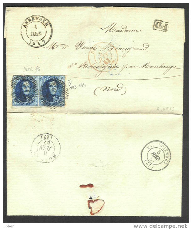 (R223) Belgique - Médaillon N°7 (paire Et Bdf) Lettre De Annevoie D75 (NIPA + 1000) à Bousignies (France) Du 01/06/1857 - 1851-1857 Médaillons (6/8)