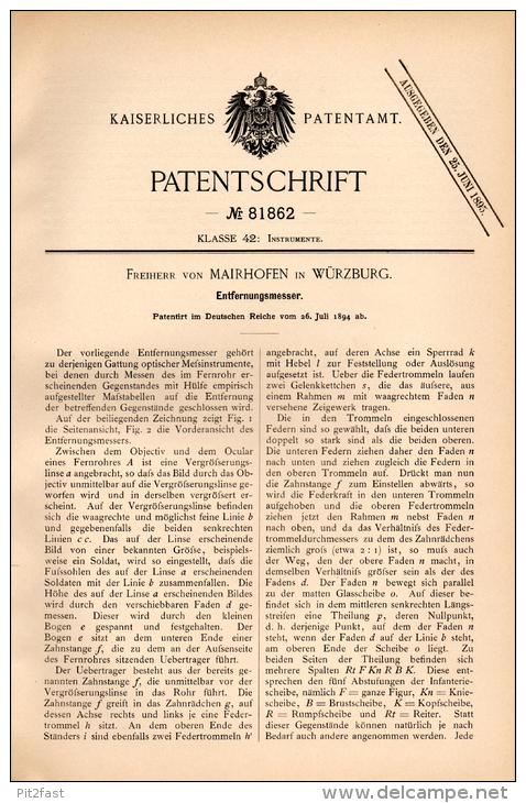 Original Patentschrift - Frhr. E. Von Mairhofen In Würzburg , 1894, Entfernungsmesser , Meßgerät , Fernrohr !!! - Optica