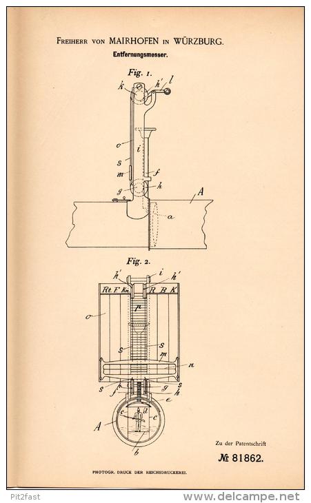 Original Patentschrift - Frhr. E. Von Mairhofen In Würzburg , 1894, Entfernungsmesser , Meßgerät , Fernrohr !!! - Optik