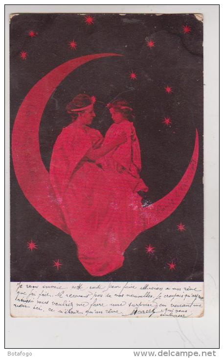 CPA FEMME ET ENFANT SUR LA LUNE En 1903 - Femmes