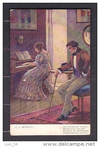 130986 / Illustrator C.V. MUTTICH - BEETHOVENS SONATE , WOMAN MUSIC PLAY PIANO , MASK BEETHOVEN . MAN , - KVKV 1190 - Muttich, C.V.