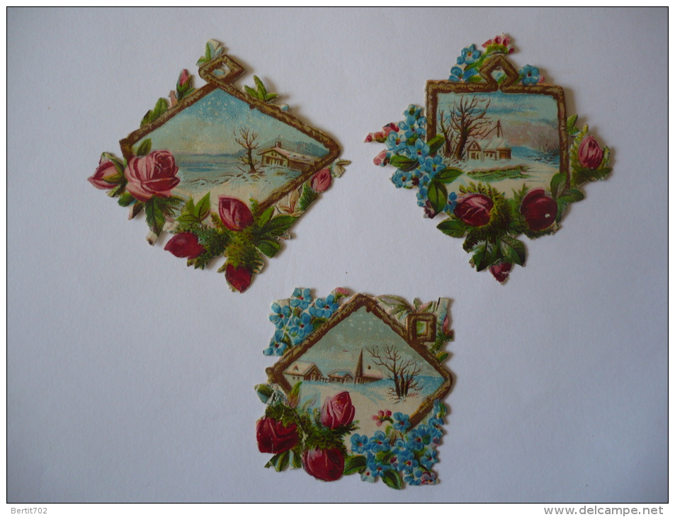 3 CHROMOS    DECOUPIS GAUFRE  -   CADRES  PAYSAGES  ET FLEURS - Flowers